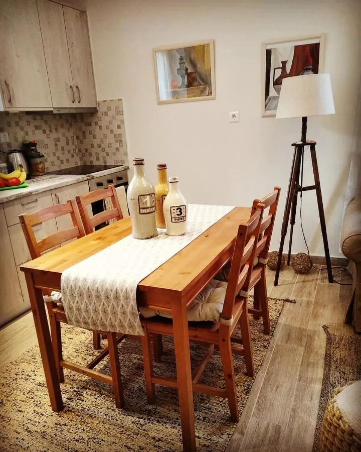 The dining table set for dinner
